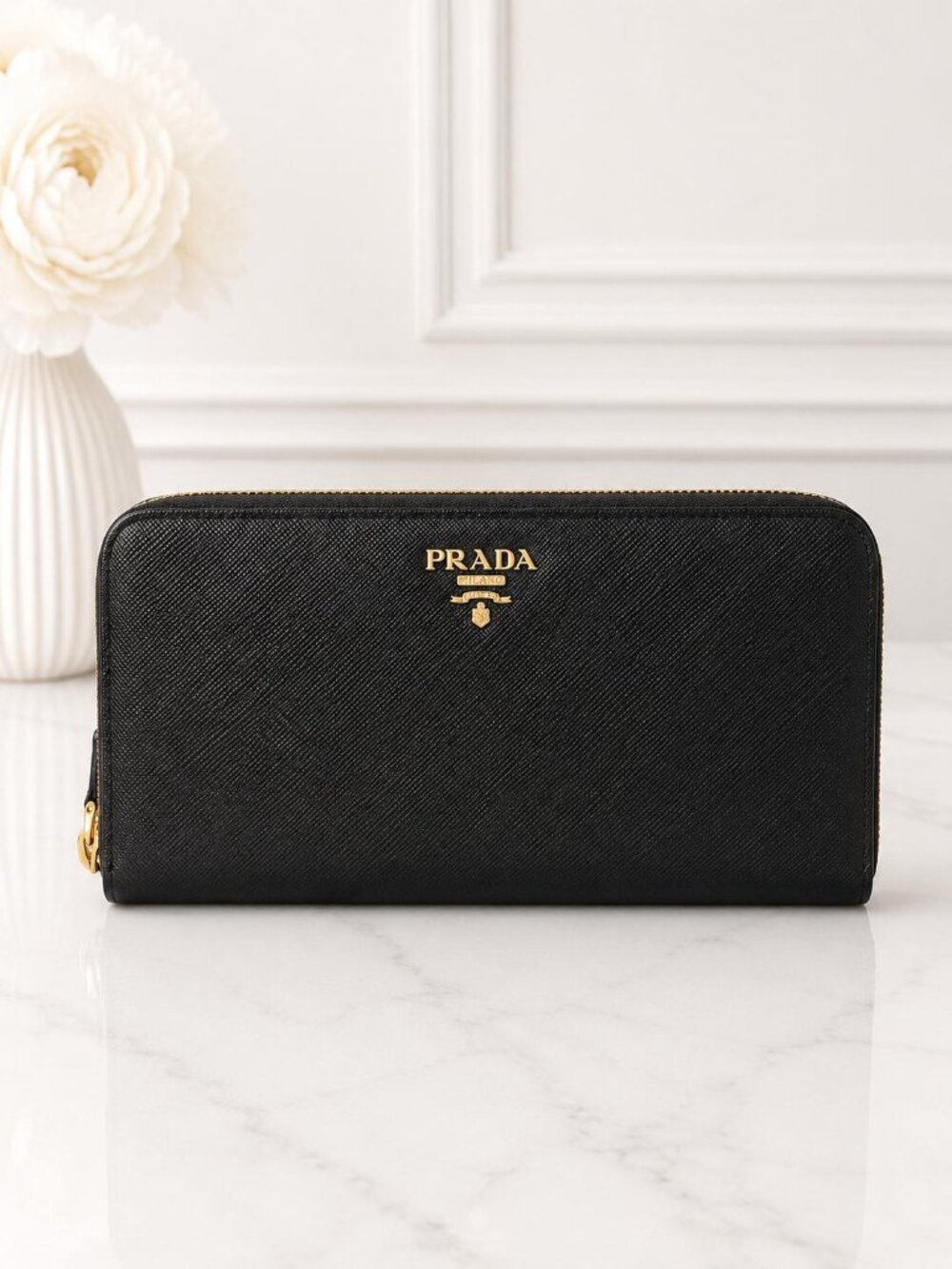 Authentic Prada Black Saffiano Leather Zip-Around Wallet